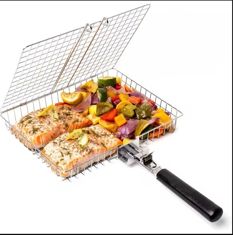 Portable Handle Barbecue Row Stainless Steel Barbecue Net Plate Grilled Fish Vegetables and Shrimp BBQ Net Outdoor Cooking Tools