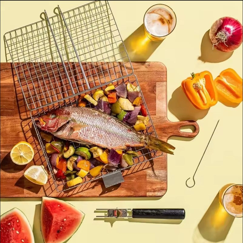 Portable Handle Barbecue Row Stainless Steel Barbecue Net Plate Grilled Fish Vegetables and Shrimp BBQ Net Outdoor Cooking Tools