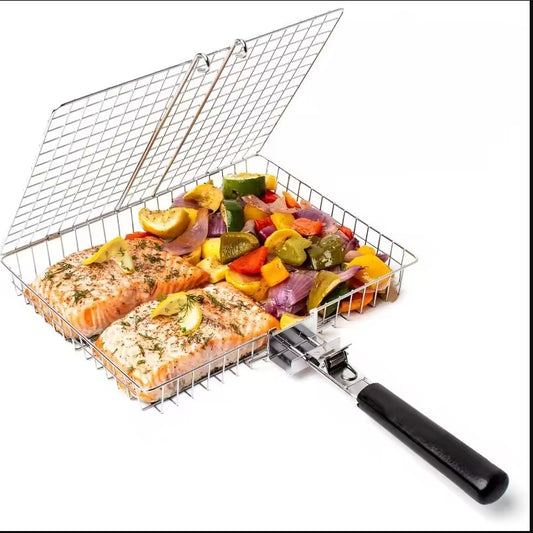 Portable Handle Barbecue Row Stainless Steel Barbecue Net Plate Grilled Fish Vegetables and Shrimp BBQ Net Outdoor Cooking Tools