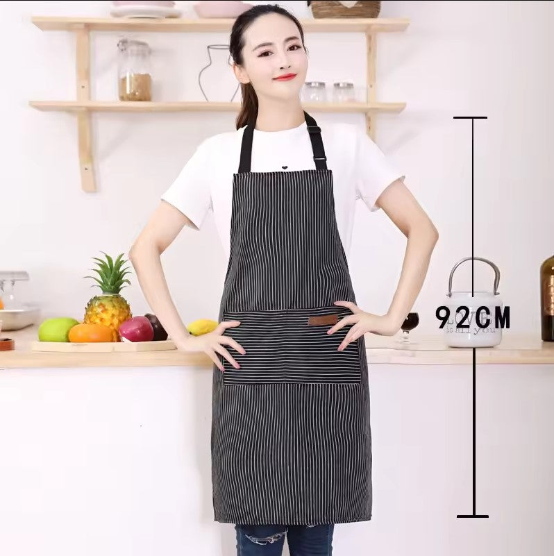 White Black Striped Man Woman Home Restaurant Kitchen Baking Nail Bib Oil Repellent Work Apron 2 Pockets Adjustable Clean Apron