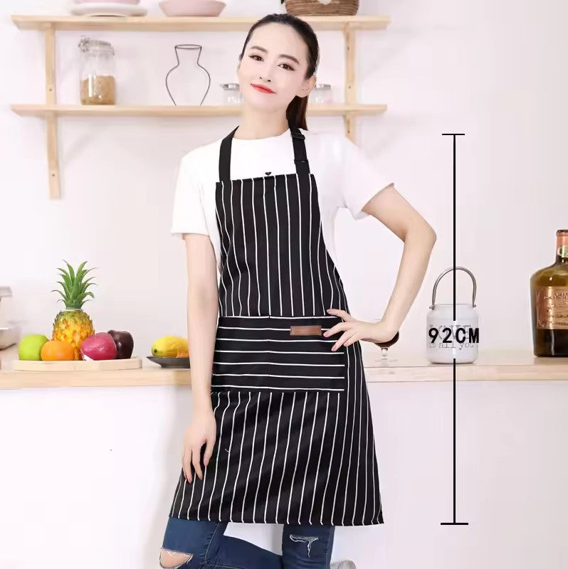 White Black Striped Man Woman Home Restaurant Kitchen Baking Nail Bib Oil Repellent Work Apron 2 Pockets Adjustable Clean Apron