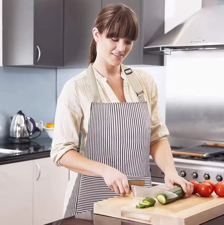 White Black Striped Man Woman Home Restaurant Kitchen Baking Nail Bib Oil Repellent Work Apron 2 Pockets Adjustable Clean Apron