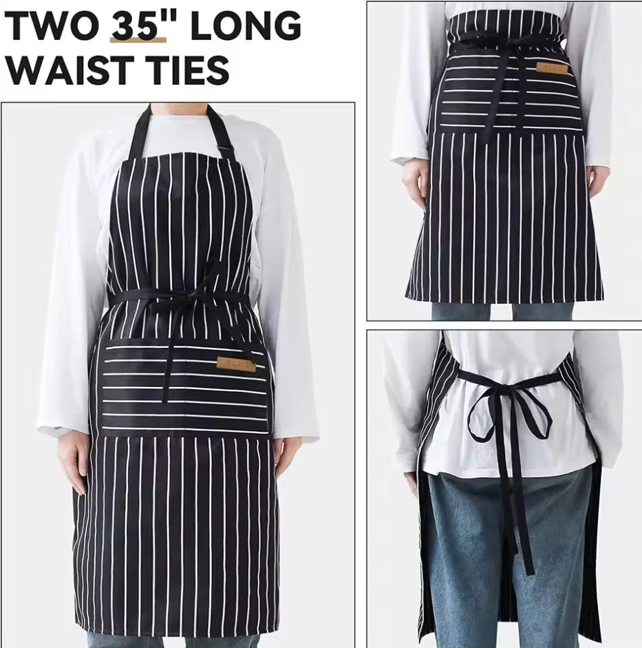 White Black Striped Man Woman Home Restaurant Kitchen Baking Nail Bib Oil Repellent Work Apron 2 Pockets Adjustable Clean Apron