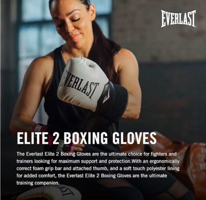 Everlast Elite 2 Boxing Gloves | Pro Training Gloves for Men and Women | Secure Fit Hook and Loop Closure & Ventilation 16-18 Oz