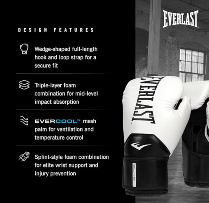 Everlast Elite 2 Boxing Gloves | Pro Training Gloves for Men and Women | Secure Fit Hook and Loop Closure & Ventilation 16-18 Oz