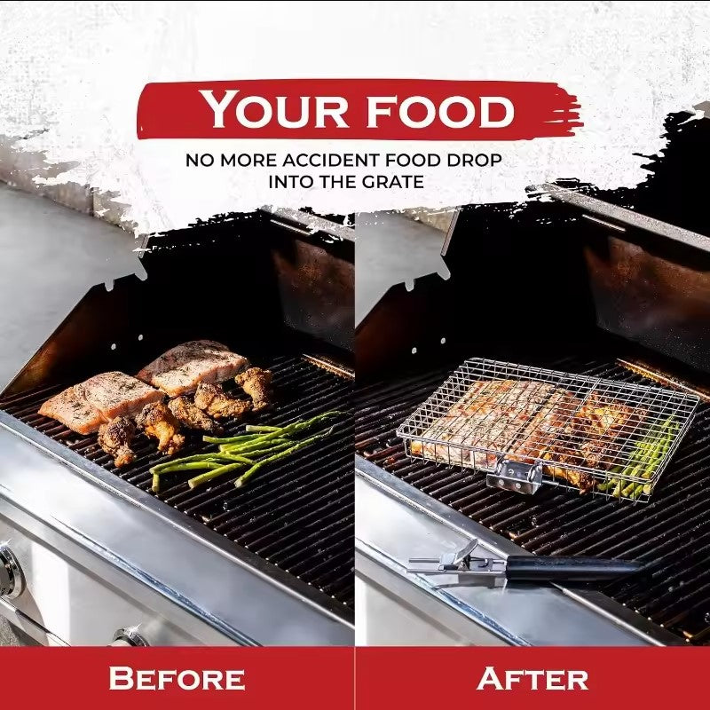 Portable Handle Barbecue Row Stainless Steel Barbecue Net Plate Grilled Fish Vegetables and Shrimp BBQ Net Outdoor Cooking Tools